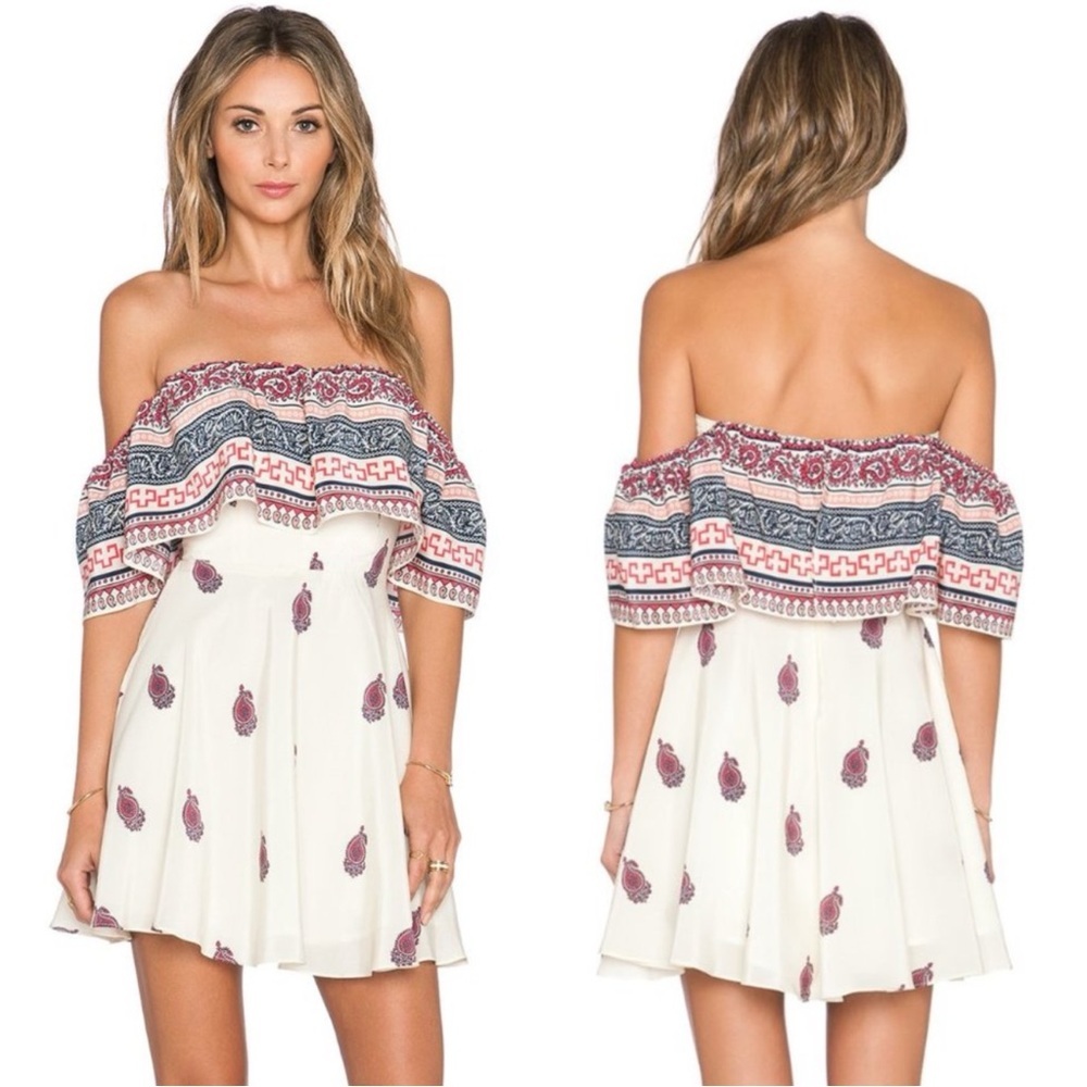 AMANDA UPRICHARD Delilah Silk Ruffle Off Shoulder Bohemian Mini Dress